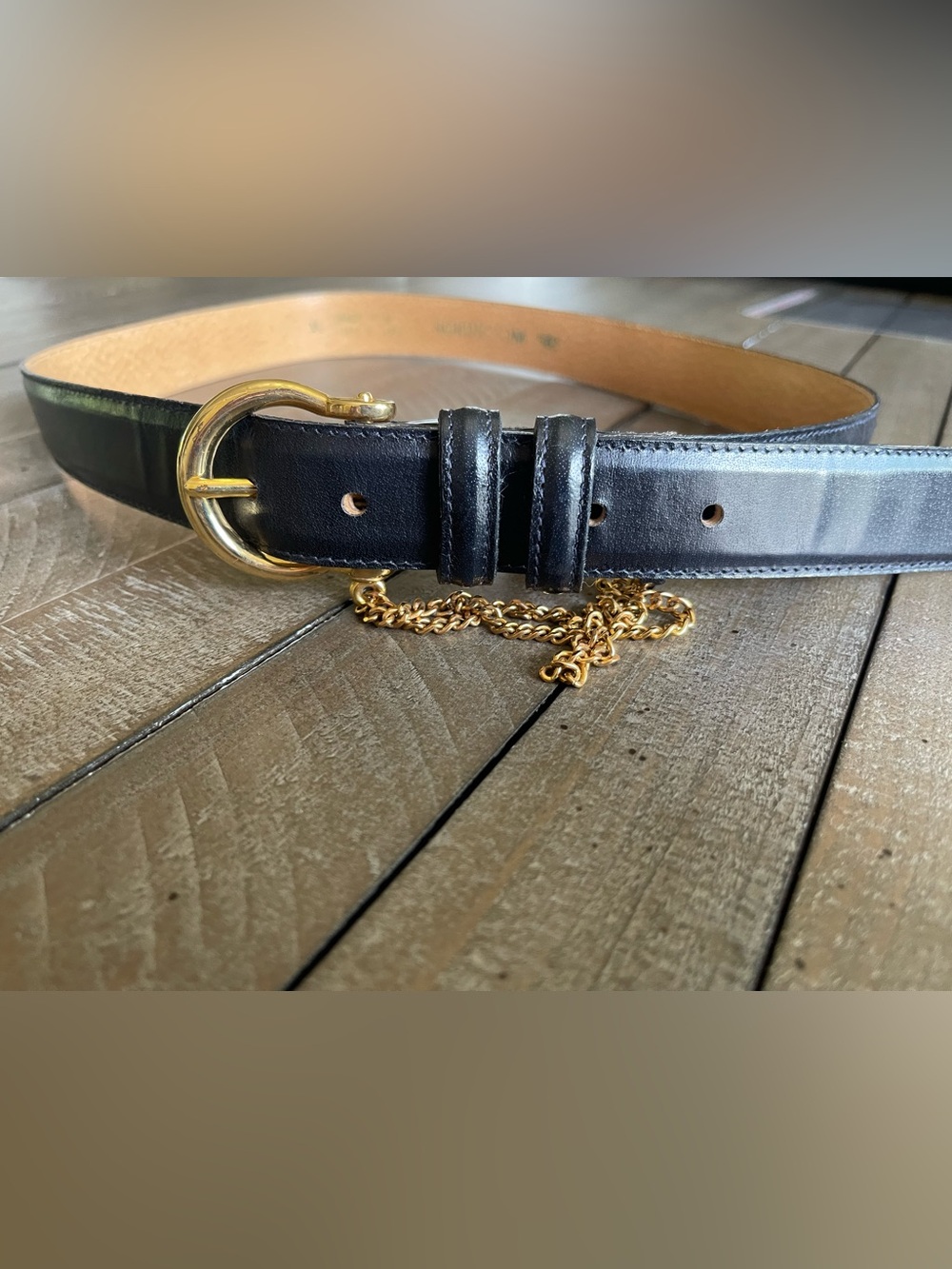 Vintage 80’s Nordstrom Black Leather Belt with Gold Ring Buckle and Chain